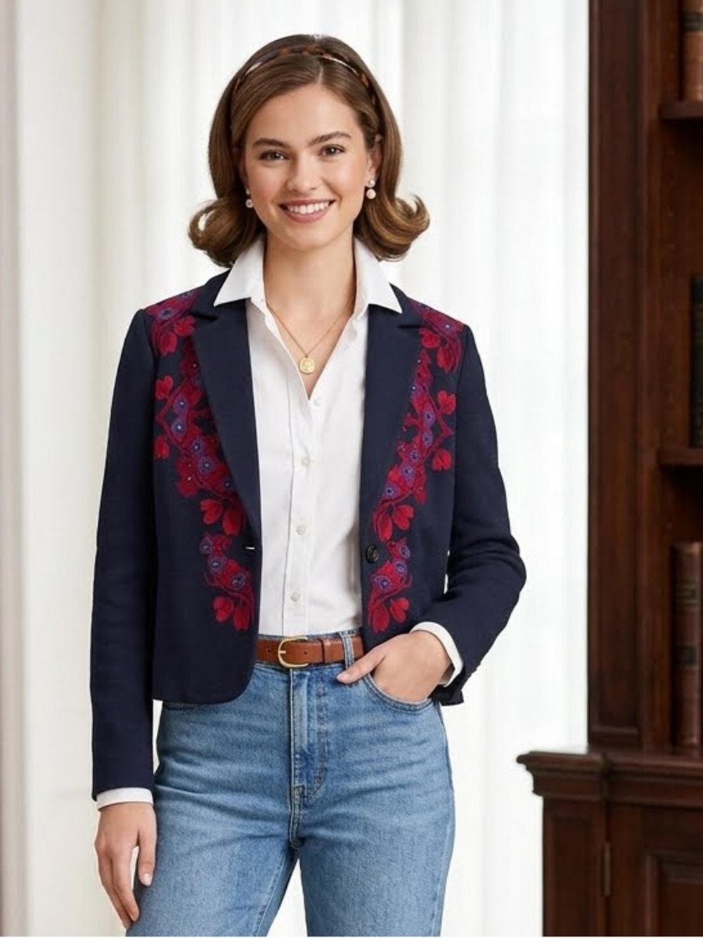 Tory Burch Lisanne Women's Black Blazer Jacket with Red Floral Embroidery Size S